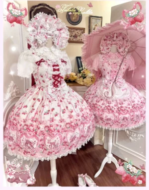 Deer and strawberry garden old school lolita JSK dress with matching bonnets and traditional corset bodice displayed on mannequins in vintage studio setting