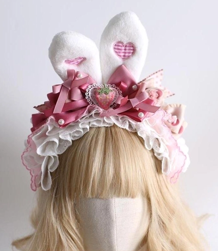 Deluxe lolita rabbit ear headdress kc crown style front full view blonde mannequin plush bunny ears pink heart patterns strawberry heart brooch multiple satin ribbons pearl accents frill lace
