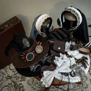 Demon Hunter's Diary Gothic Lolita accessories collection overhead flat lay steampunk gears lace feather ornaments vintage suitcase dark white tones