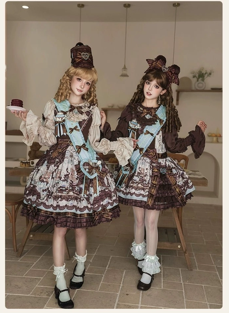 Twin dessert-themed lolita outfits indoor vintage cafe full body view two models with dessert props matching accessories