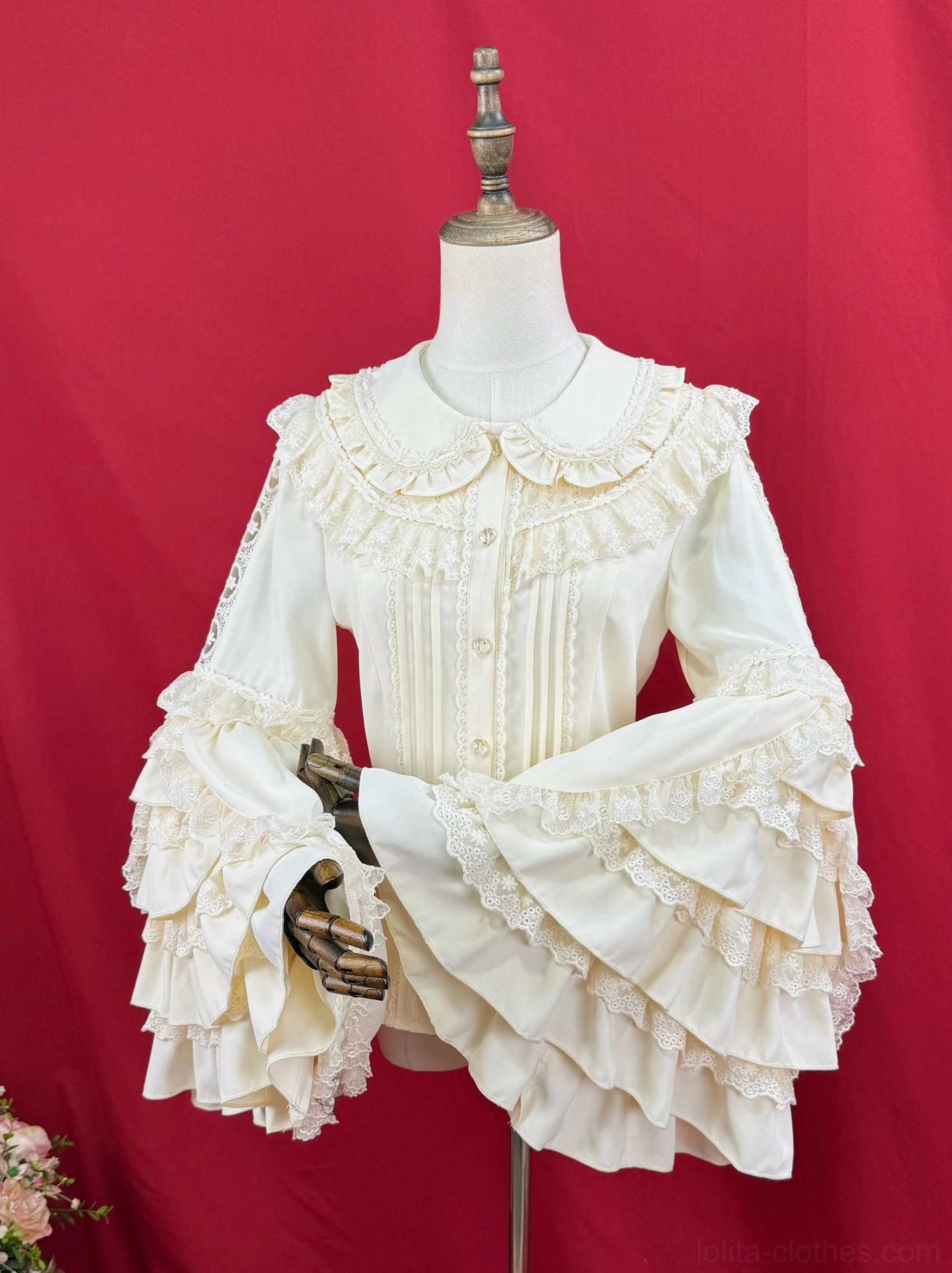 Detachable bow mechanism detail on Lolita stand collar blouse, button attachment system, how to remove and reattach bow without damage