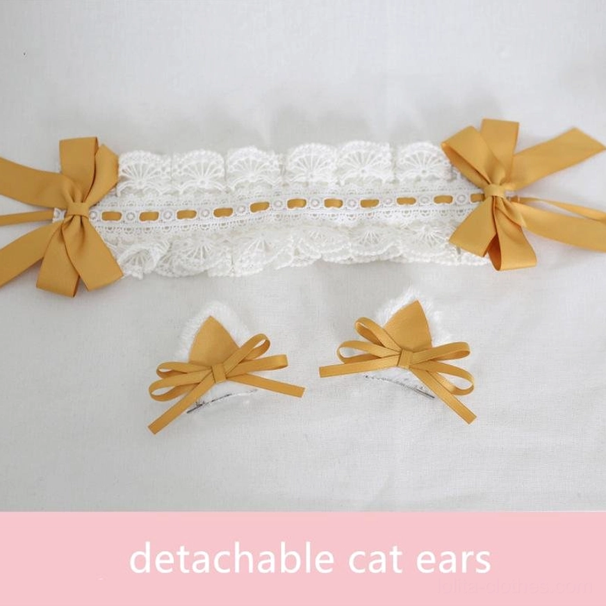 detachable cat ear lolita hair accessory set with yellow lace headband removable metal clips labeled detachable ears flat lay