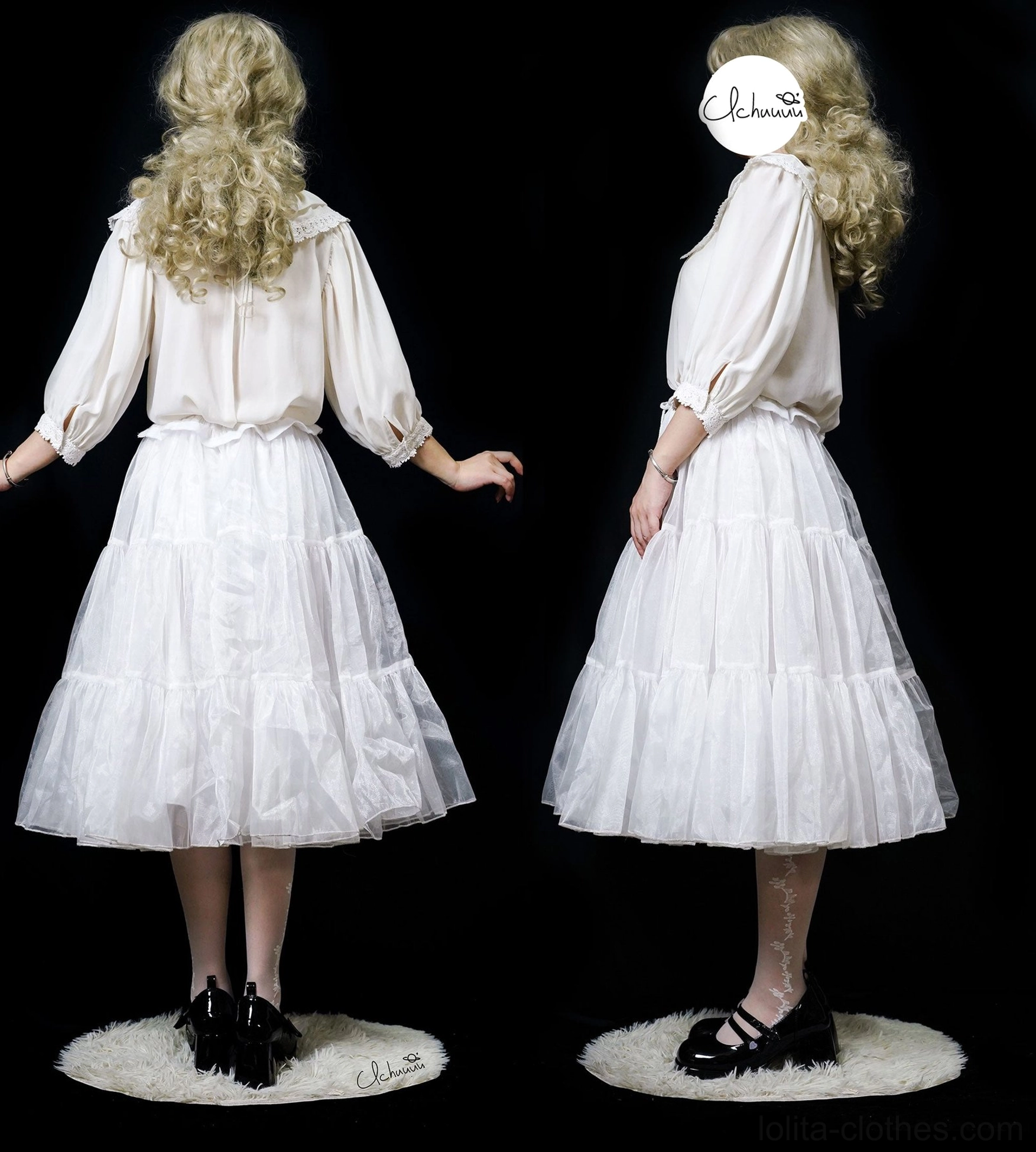 Black and white detachable hip pad petticoat back view two models wearing ruffled sleeves tiered tulle skirt studio