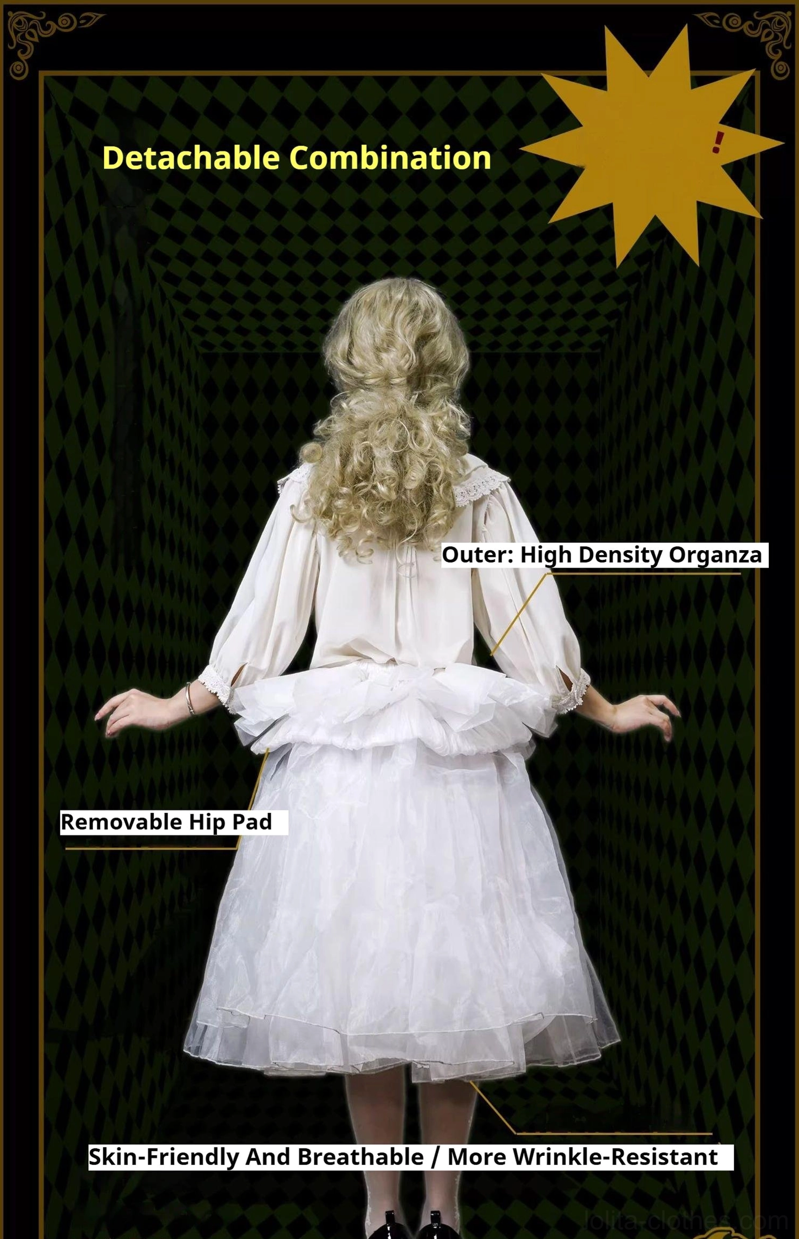 Detachable hip pad petticoat detail back view high density organza outer fabric removable pad material showcase