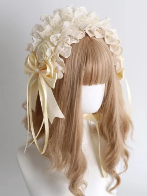 detachable-mesh-lace-lolita-hairband-flower-bud-beige-satin-bow-with-fabric-rose-side-front-view