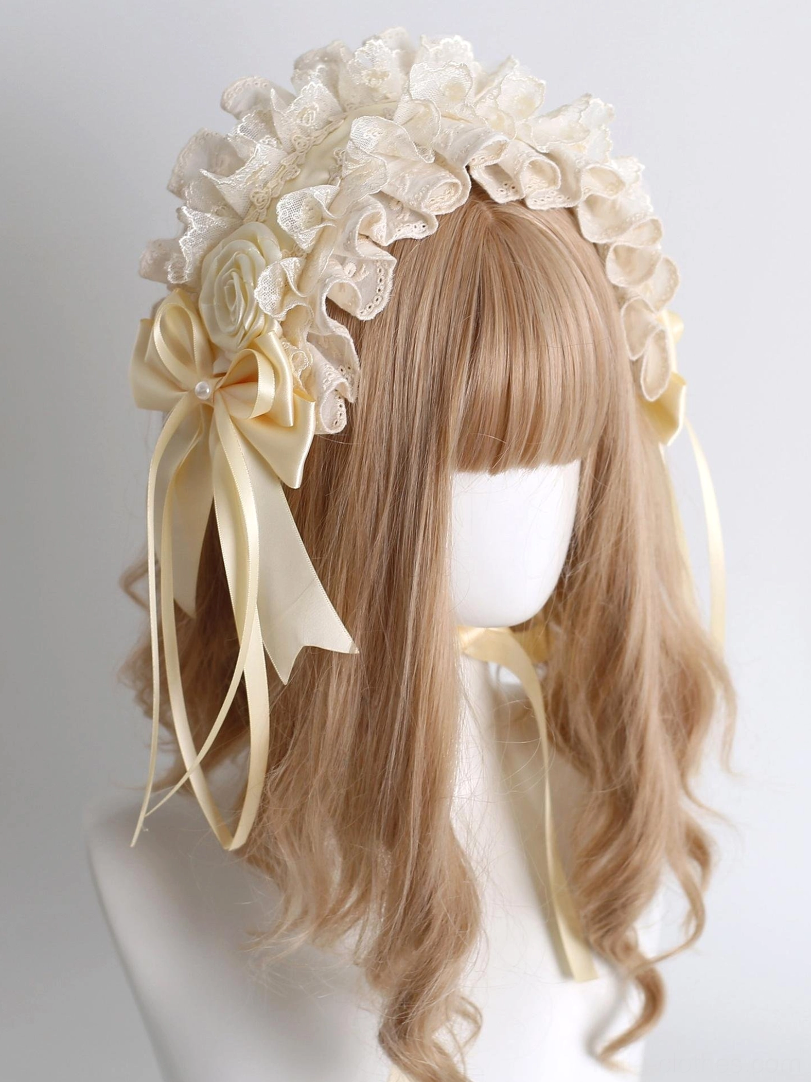 detachable-mesh-lace-lolita-hairband-flower-bud-beige-satin-bow-with-fabric-rose-side-front-view