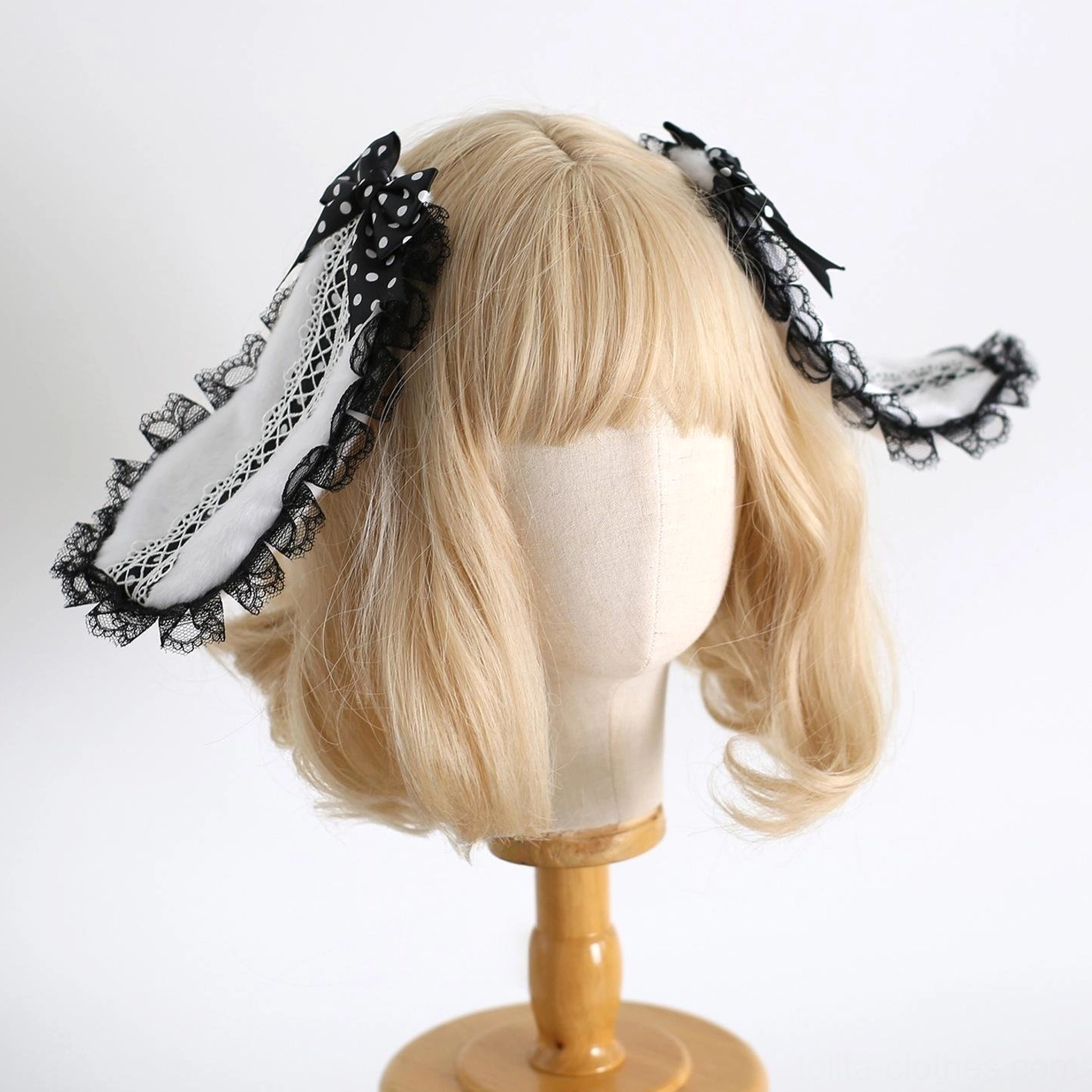 single detachable polka dot bunny ear hair clip lolita accessory black lace trim ribbon fasteners