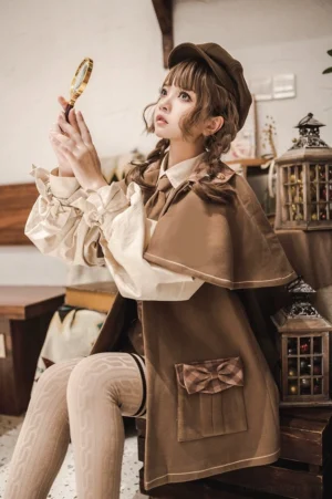 Wool cape coat detective lolita design with bow pocket embroidered details vintage aesthetic