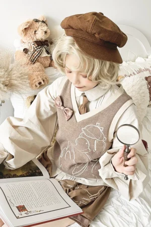 Half-body side view of detective goose ouji lolita brown plaid sweater vest with V-neck and bow details, modeled by blonde wearing beret and holding magnifying glass, showcasing embroidery and fit