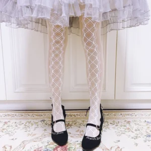 Crisscross diamond lace lolita tights white off-white sheer base paired with frilly mini skirt and black Mary Jane shoes sweet lolita coordinate
