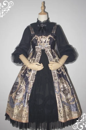 Dim Moonlight classic lolita chiffon inner blouse full front view with ruffled stand collar and puffy sleeves on dress mannequin