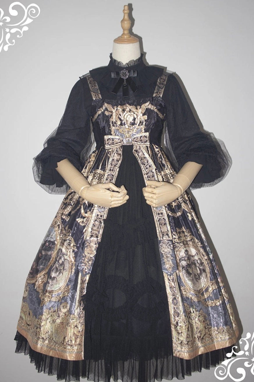 Dim Moonlight classic lolita chiffon inner blouse full front view with ruffled stand collar and puffy sleeves on dress mannequin