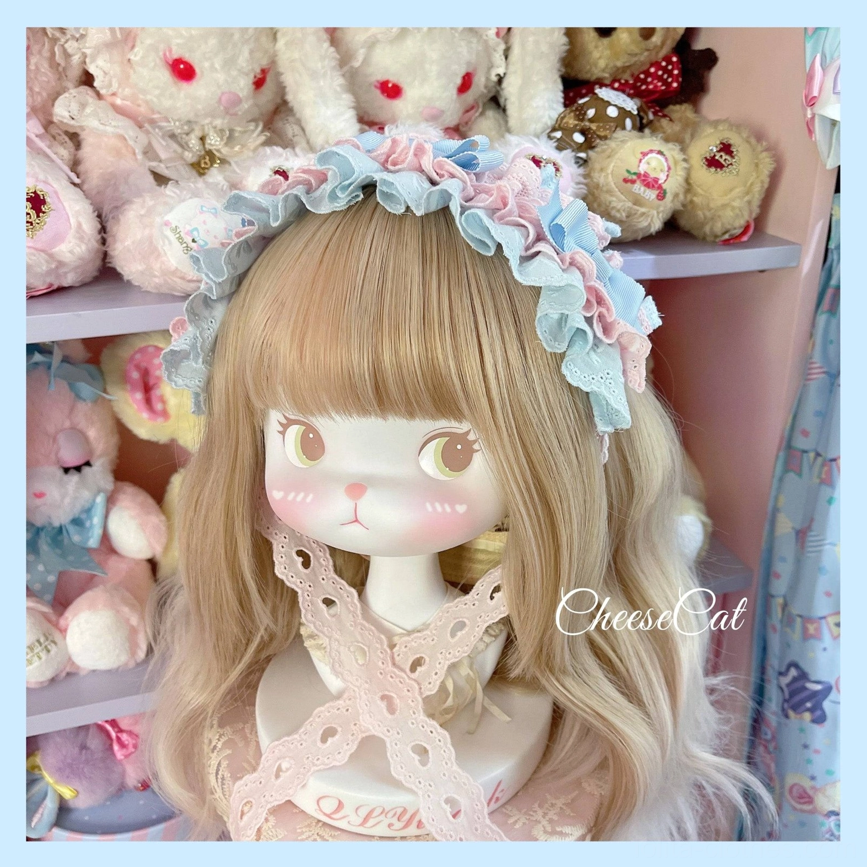 Cotton lolita headdress color variant display showing beige pink color combination with delicate lace and satin bow details perfect for sweet romantic lolita coordinate styling inspiration