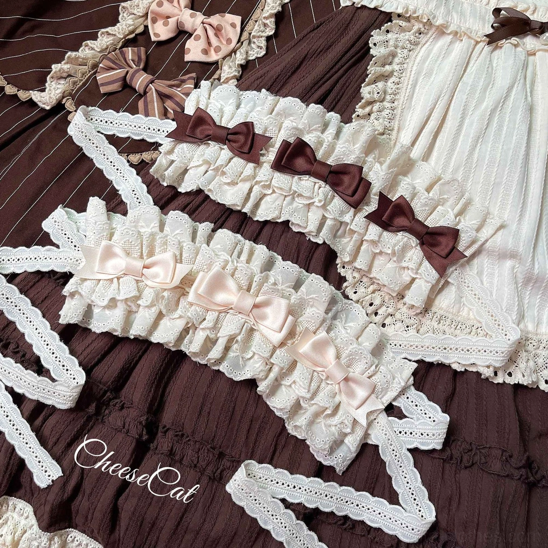 Beige and pink cotton lolita headdress displaying sweet soft approachable aesthetic with pastel ruffled lace perfect for romantic coordinate pairing with OP dresses and sweet lolita themes