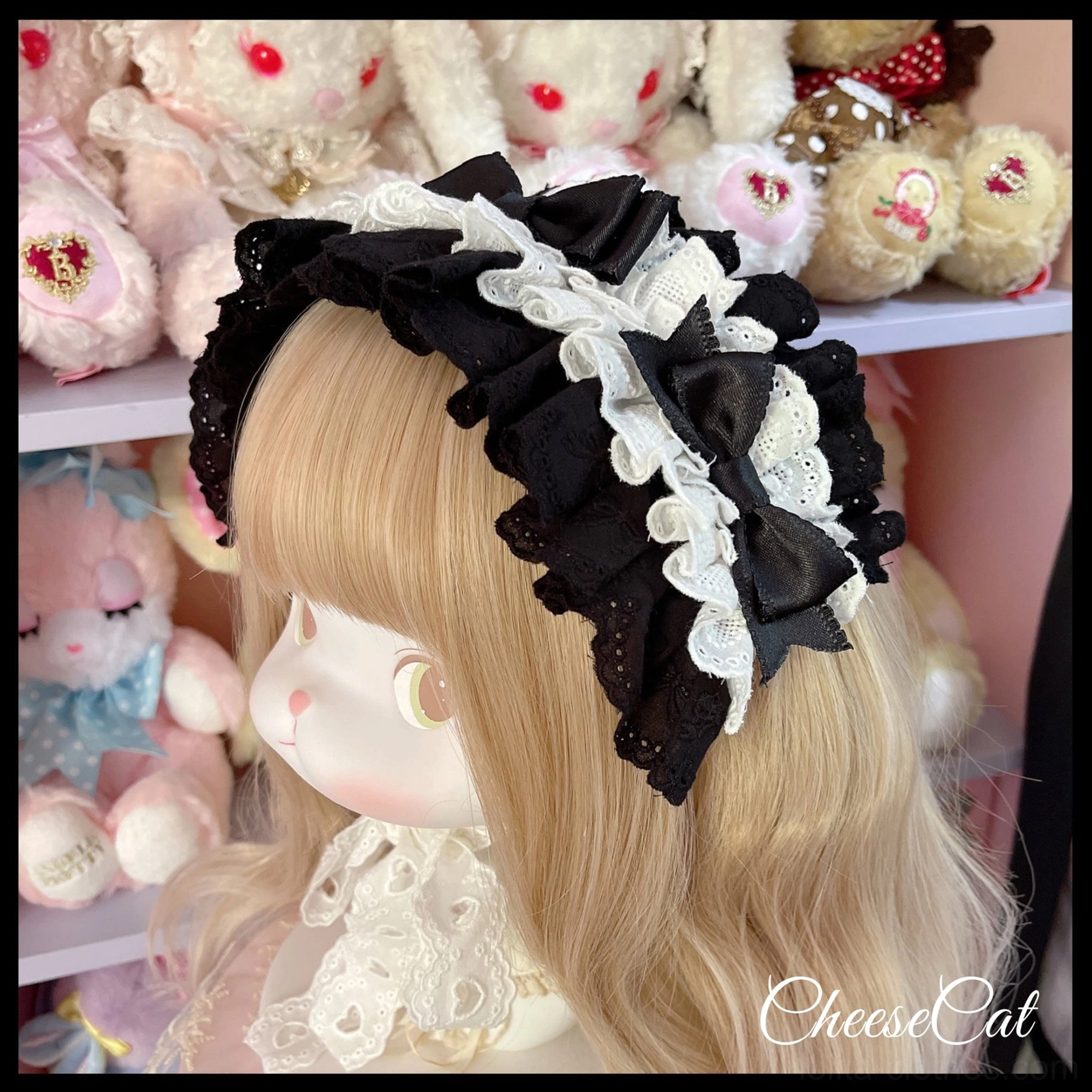 Cotton lolita headdress black white classic goth-lolita color variant with dramatic contrast lace design perfect for gothic coordinates and black OP dress fashion pairings