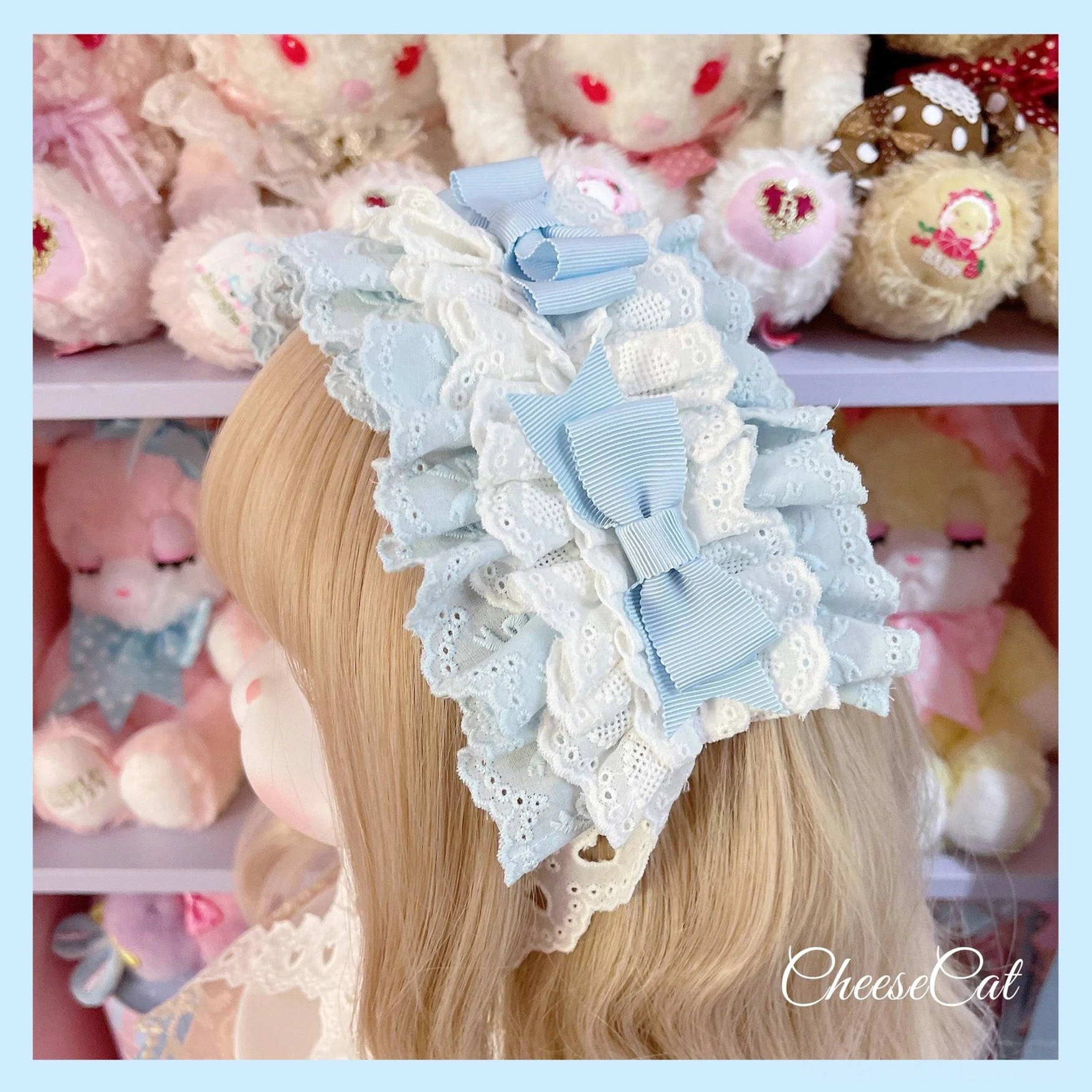 Vintage brown and white cotton lolita headdress showing layered lace ruffles, satin ribbon bows, and hollow white lace trims in top-down close-up view with corset-style lace construction details