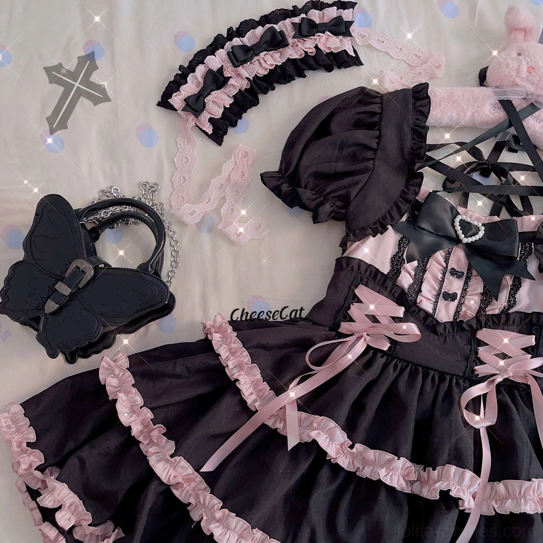 Cotton lolita headdress hollow lace overlay demonstrating sheer sophisticated white lace elements providing delicate ethereal appearance perfect for doll-inspired sweet lolita coordination