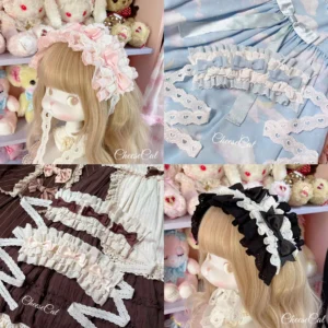 Pink floral themed cotton lolita headdress with fabric flower accents and frilled lace base, shown from side back view on blonde wig doll mannequin with plush toy background demonstrating delicate trim details