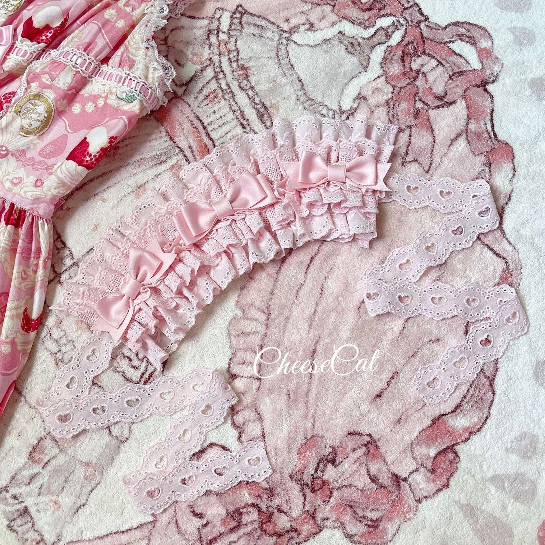 Cotton lolita headdress sweet pink monochromatic color variant with ultra-cute ruffled lace and satin bow details ideal for whimsical candy lolita fashion coordination inspiration