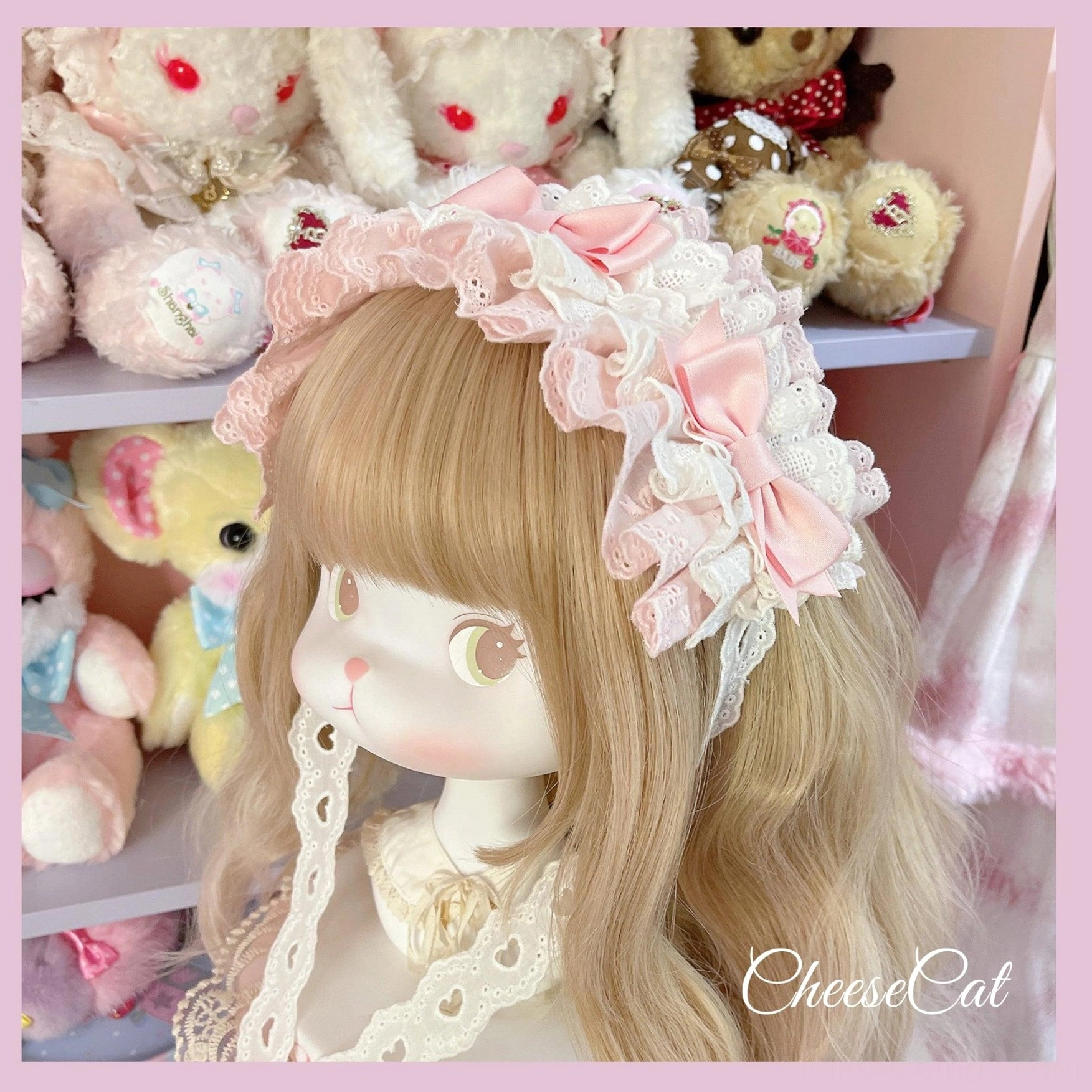 Cotton lolita headdress pink white soft romantic innocence color combination with delicate layered lace perfect for sweet pink dress coordination and vintage lolita aesthetic styling