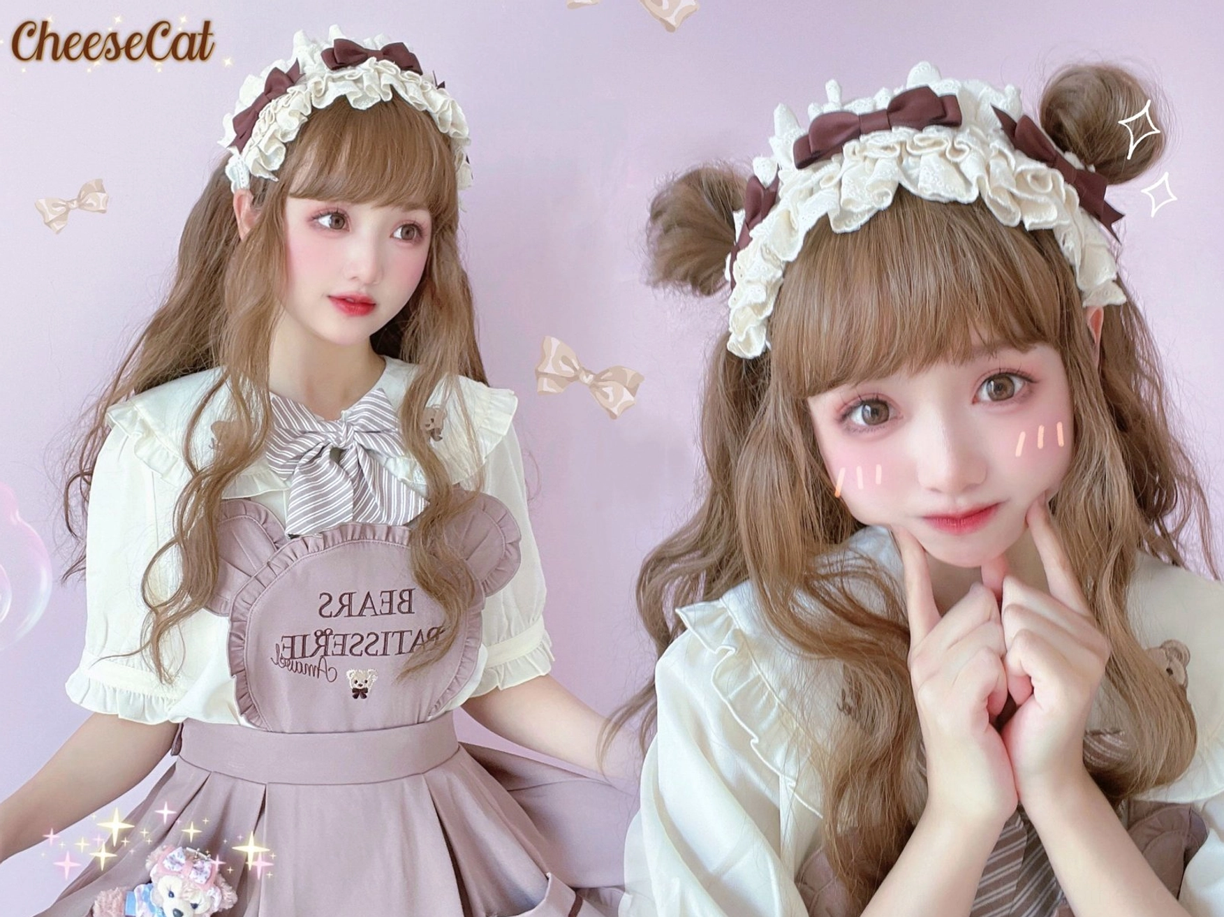 Cotton lolita headdress satin bow accent showing large decorative bow design with soft satin material adding elegant playful dimension to sweet doll lullaby aesthetic styling
