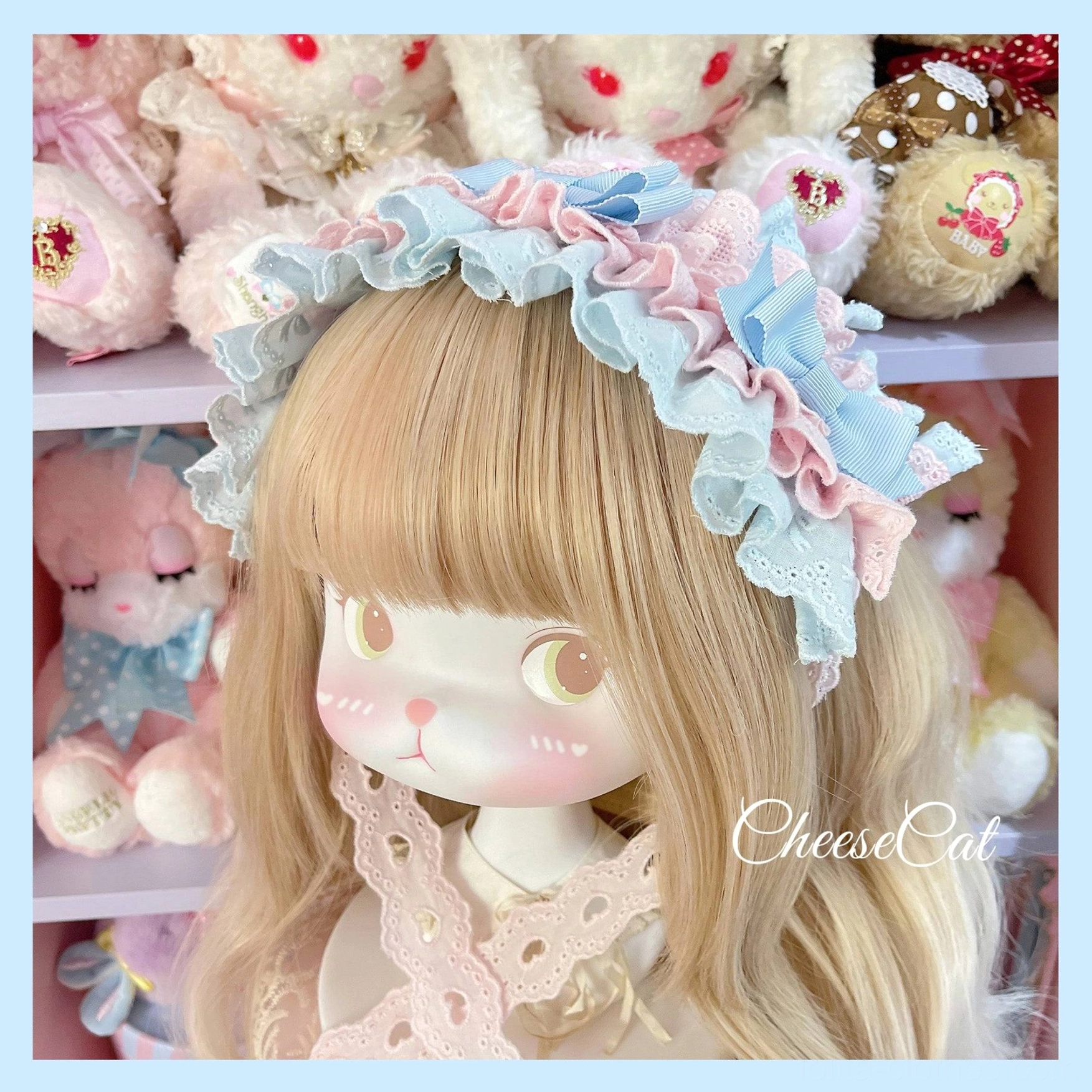 Cotton lolita headdress top view showing overall composition layered bow construction and ruffled lace pattern demonstrating design craftsmanship and sweet doll-inspired aesthetic arrangement