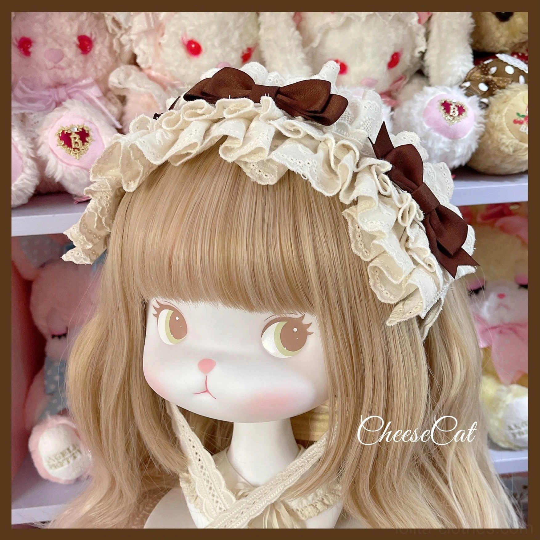 Cotton lolita headdress detail view showing triple bow construction layered lace ruffles and delicate lace trim details demonstrating sophisticated doll-like aesthetic and vintage craftsmanship