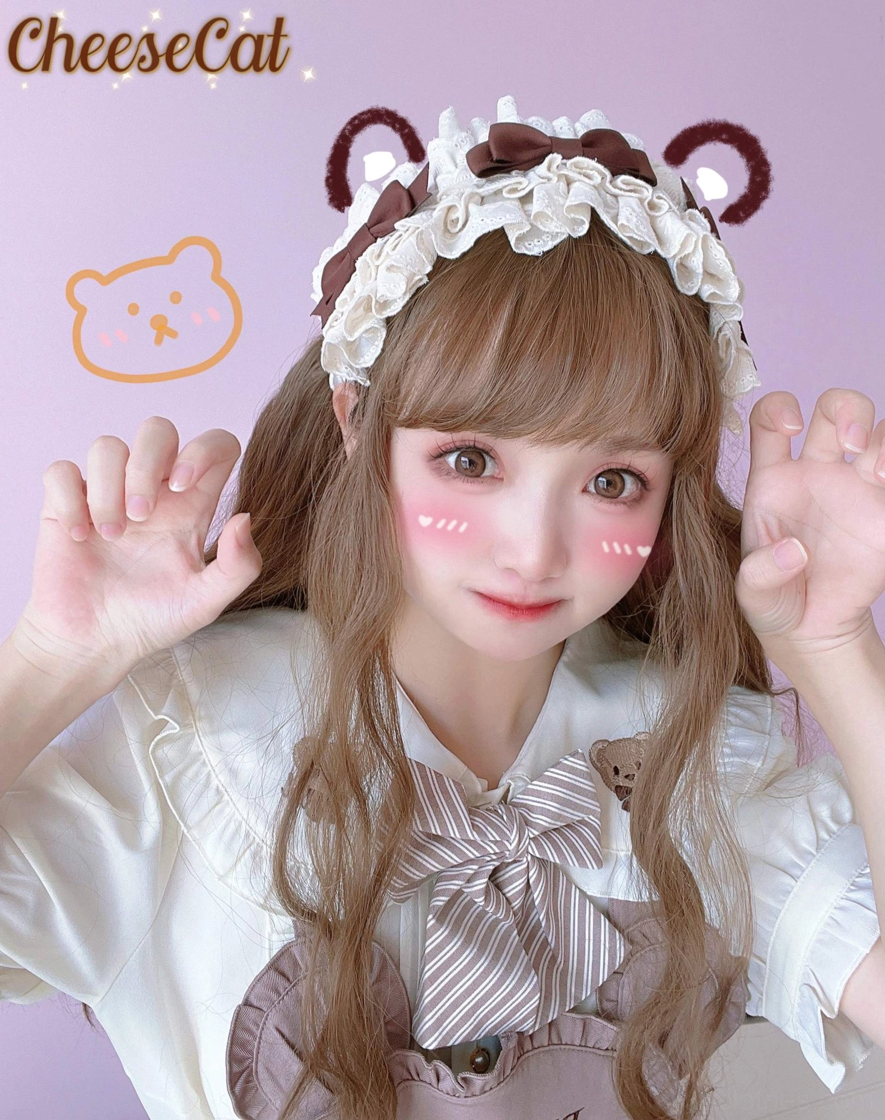 Cotton lolita headdress on wig display showing proper positioning and fit of headdress with layered lace construction and adjustable tie system for secure comfortable lolita fashion wear
