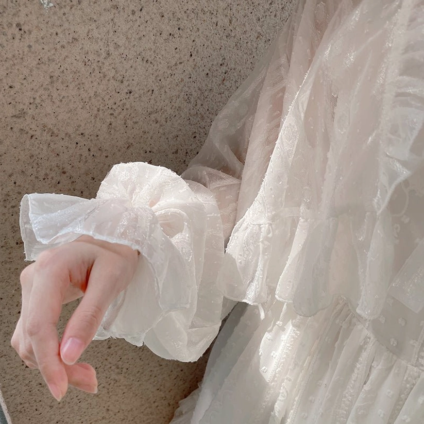 Ethereal dotted chiffon puff sleeve sweet Lolita cardigan detail shot showing intricate ruffled collar and jacquard fabric texture