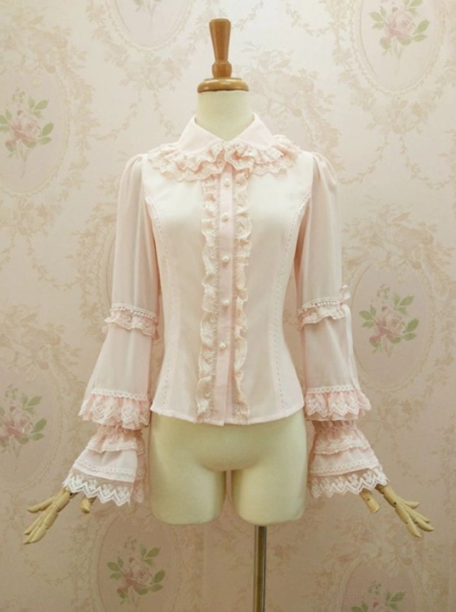 Double-flounce lolita blouse front display showing symmetrical ruffle decorations soft chiffon fabric multi-layer lace sleeves