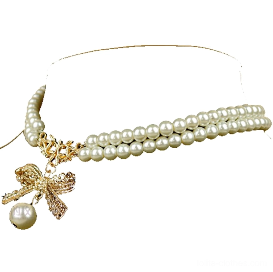 Double-layer pearl bow lolita necklace alternative angle display showing interspace between pearl strands, golden charm positioning, vintage-inspired lolita accessories styling, jewelry product reference photo