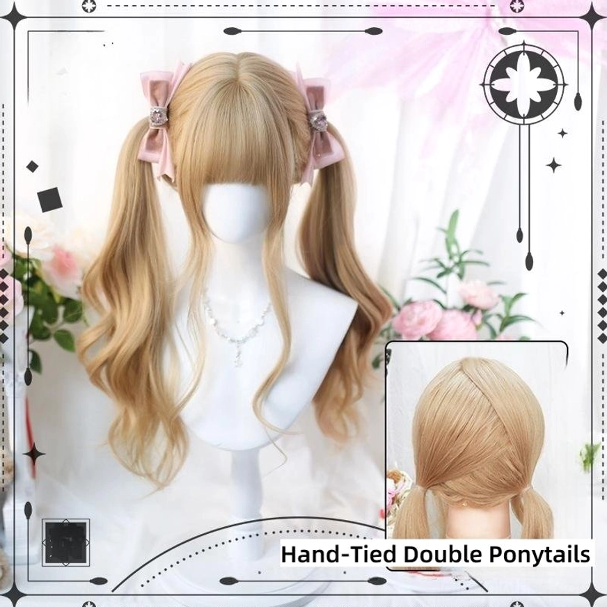 Hand-tied double ponytails lolita wig light gold blonde with pink fabric bows front and back view display