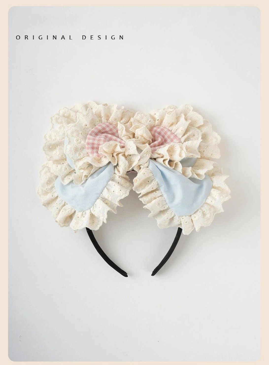 Double ruffled sweet lolita hair bow hoop with pink gingham and light blue satin frilled bows, black hair band base, flat lay top-down view