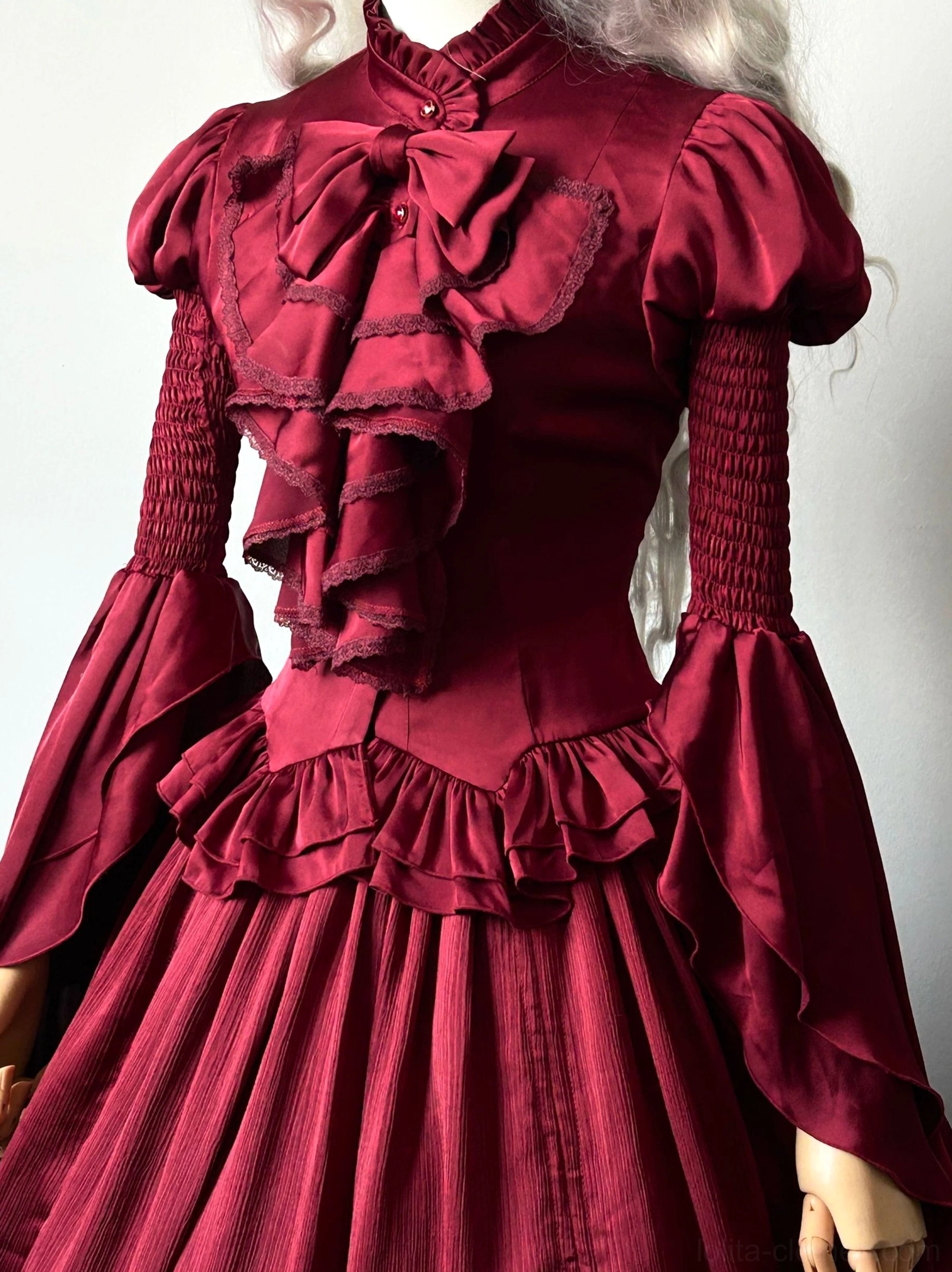 Dragon Bone Cemetery Gothic Lolita blouse burgundy wine color front full view dress form stand collar faux jabot pleats detachable bow puff sleeves
