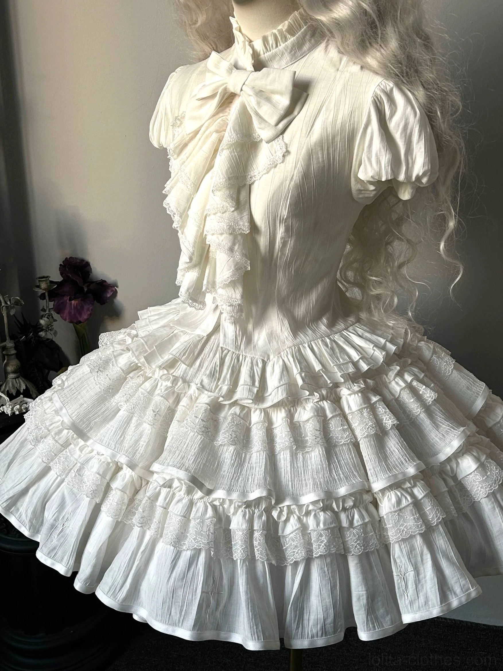 Dragon Bone Cemetery Gothic Lolita blouse purple variant front view dress form stand collar detachable bow puff sleeves layered hem