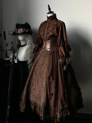 Dragon Bone Cemetery brown gothic vintage lolita dress three-quarter angle mannequin display with corset waist and ruffled collar design