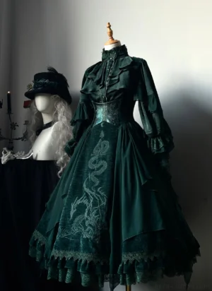 Dragon Bone Cemetery dark green gothic lolita jsk dress front three-quarter view dress form mannequin with vintage top hat and skeleton embroidery