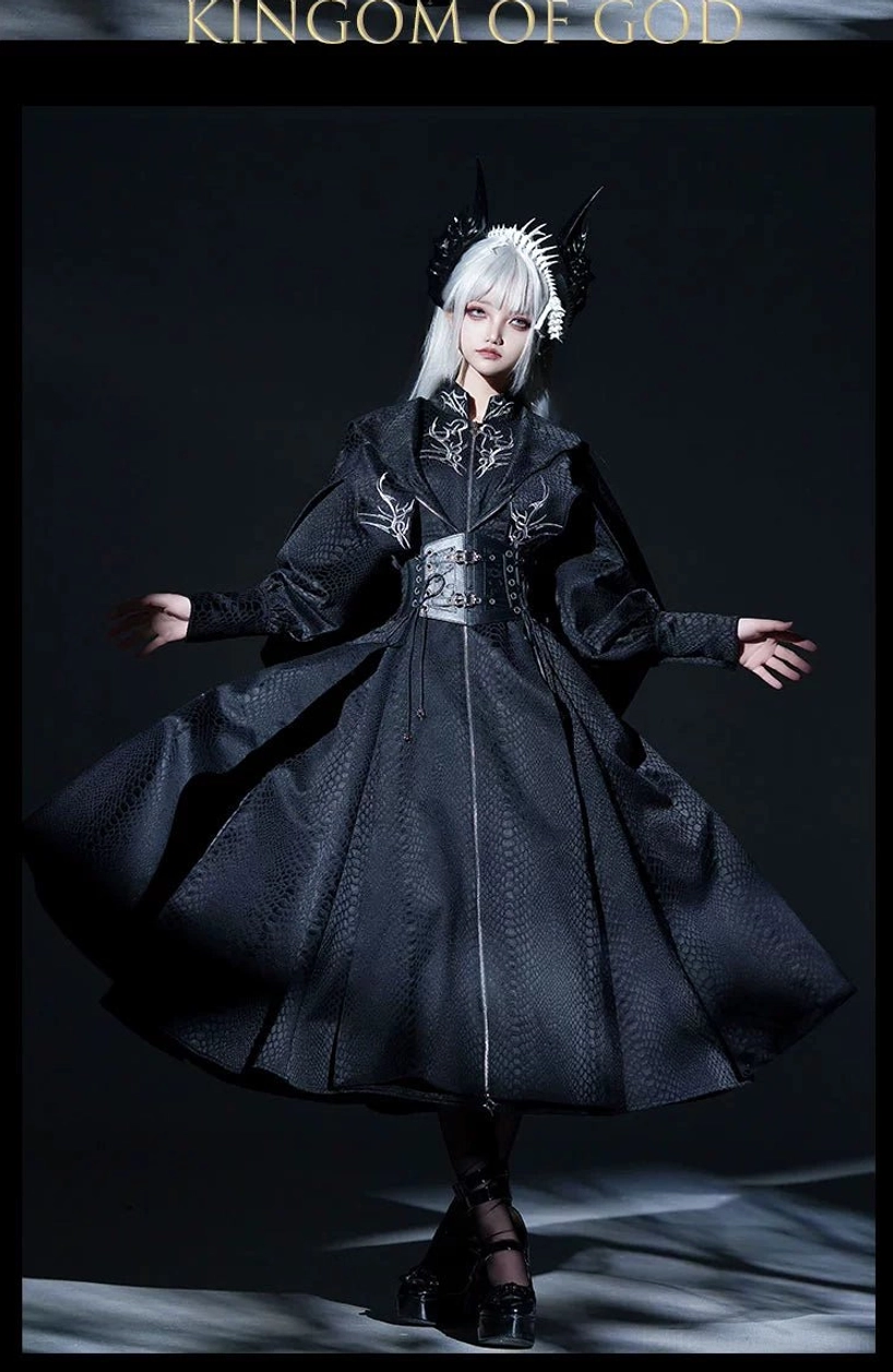 Black Gothic Lolita coat dress with silver waist cincher embroidery and flowy flared swing skirt