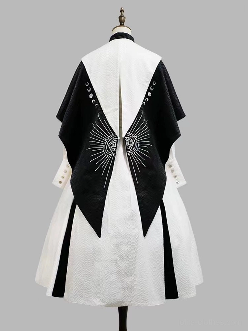 Black and white color-blocked Gothic Lolita coat ensemble contrast silhouette showcase