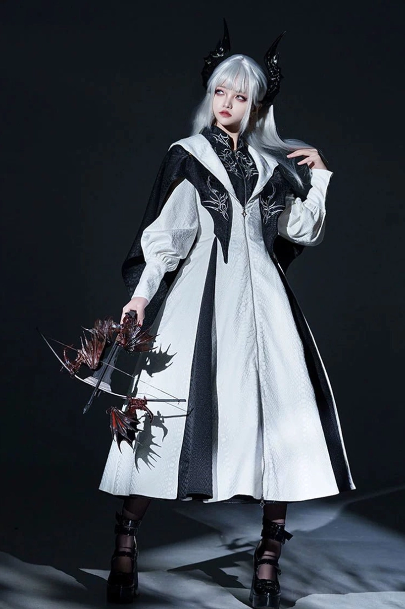 Black and white Gothic Lolita long coat with contrast color white full skirt and silver collar shoulder embroidery