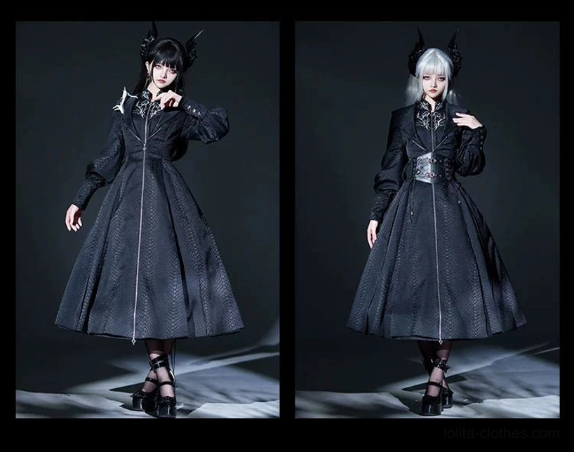 Black Gothic long zip-up coat with textured fabric hem shown in two styling variations front view