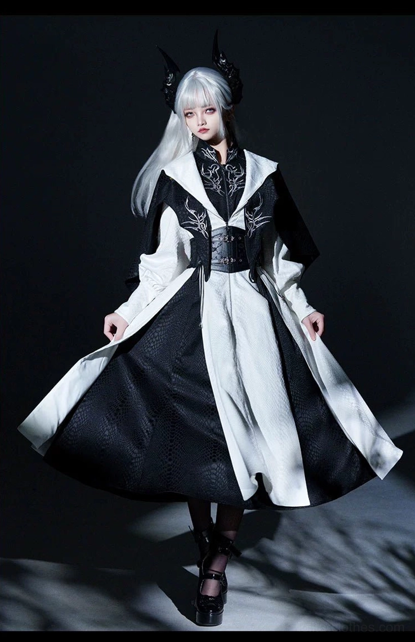 Black Gothic Lolita jumper skirt with functional side pockets and adjustable back drawstring detail