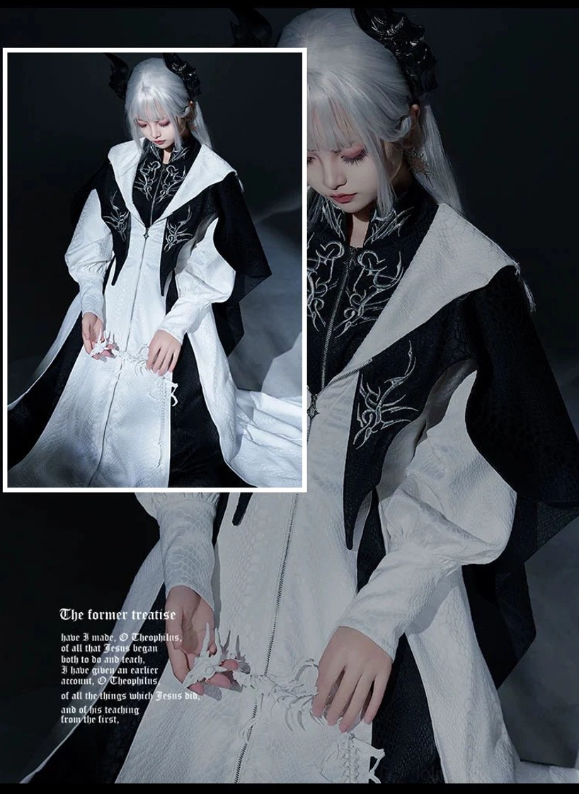 White Gothic Lolita coat variant with silver embroidery and flared midi hem front showcase