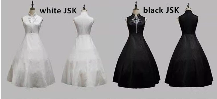 White Gothic Lolita jumper skirt with A-line silhouette and silver embroidered collar detail