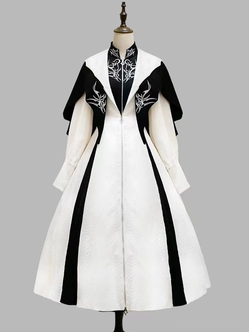 White Gothic Lolita long coat with silver embroidery and flared hem front center view
