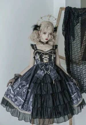 Dragon Witch Black Gothic Lolita JSK Dress with front opening, tiered ruffled skirt, crisscross lace-up bodice, and waist bow detail on model