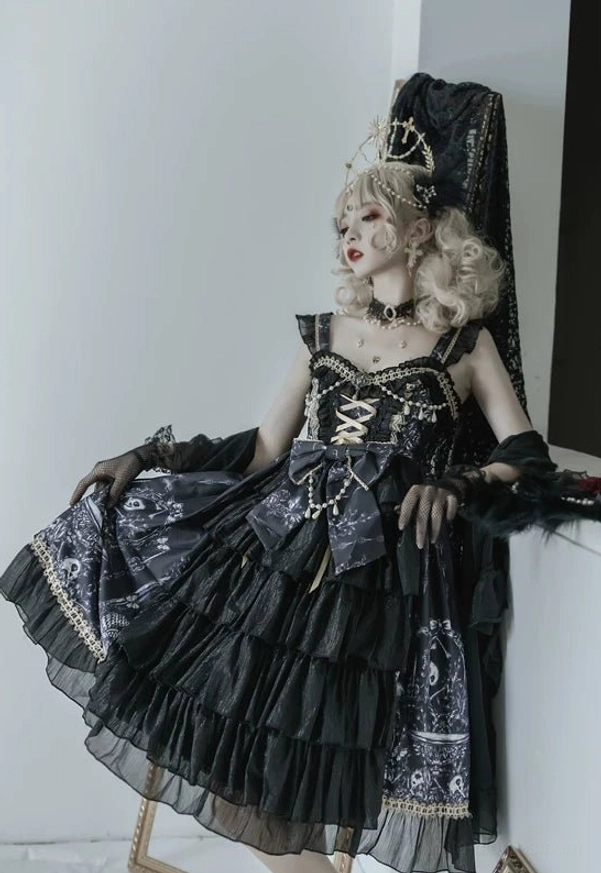 Dragon Witch Gothic Lolita JSK Dress detail shot showing printed maiden dragon and skeleton motifs with vintage European design elements