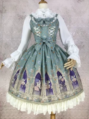 dream-elf-chiffon-lolita-jsk-dress-light-cyan-teal-rhombus-print-fairy-cathedral-front-view-full-length