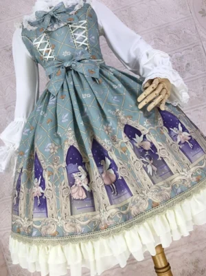 dream-elf-lolita-jsk-dress-teal-blue-front-lace-up-corset-waist-bow-three-quarter-side-view