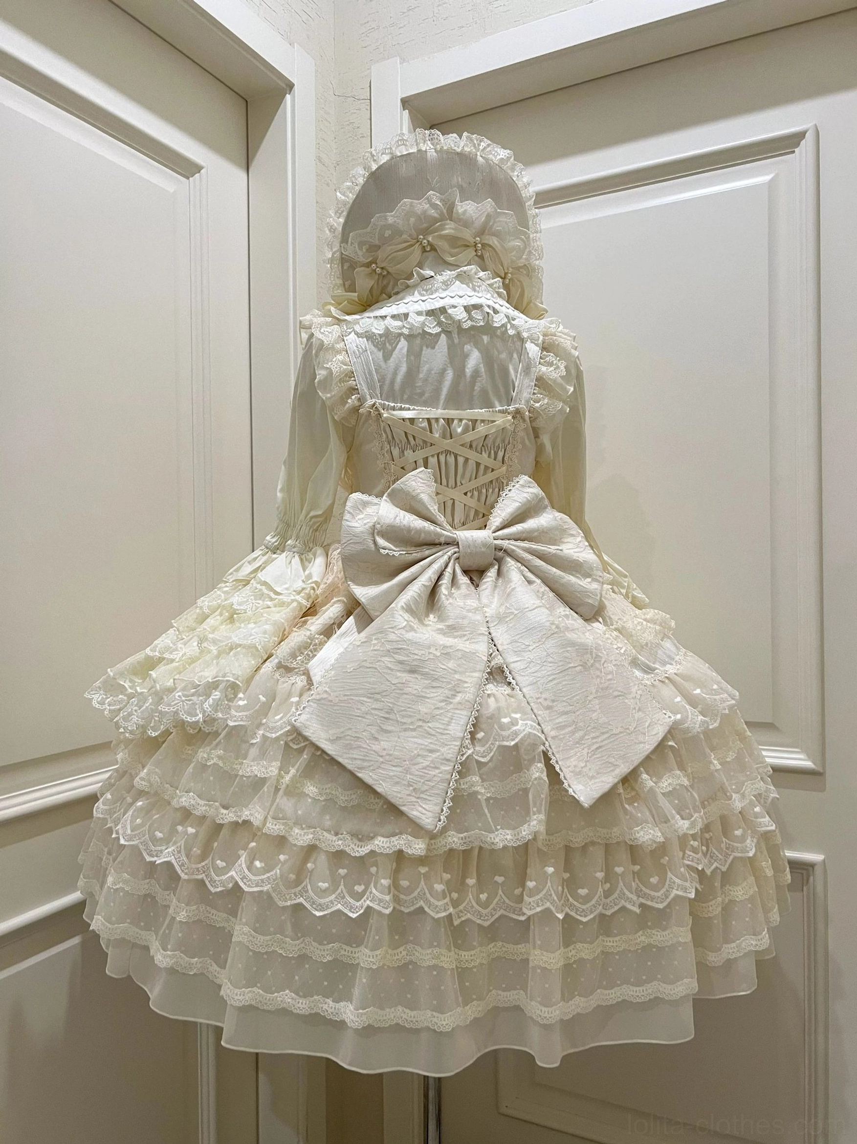 Cream white Lolita JSK dress suit with oversized central back bow corset lace-up back and layered ruffle lace skirt rear